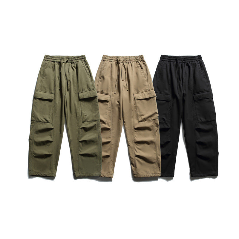 Streetwear Solid Color Fleece-Lined Cargo Pants Men Loose Warm Casual Trousers