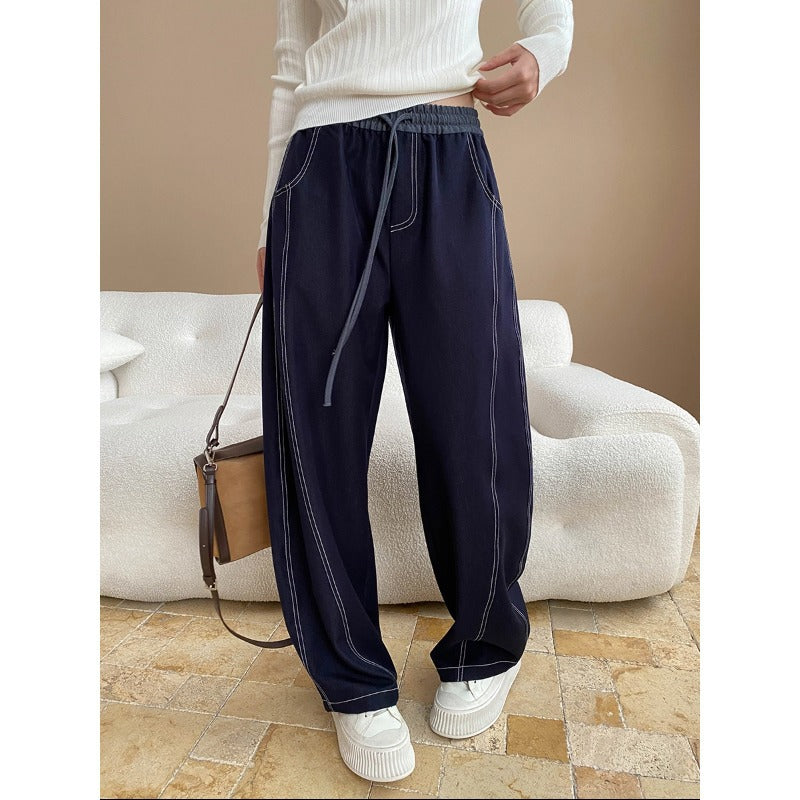 Relaxed Style Linen-Like Denim Stitched Slash Cut Loose Wide Leg Casual Pants
