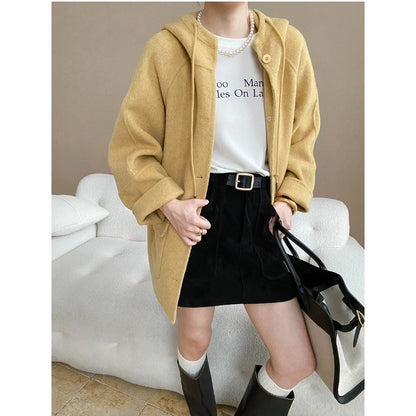 South Compass Gentle Encounter Petite Oversized Hooded Drawstring Silk Wool Reversible Cashmere Coat