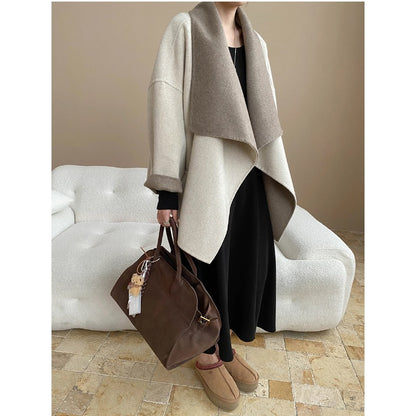 South Compass Luxury Wool Reversible Coat with Large Turn-Down Collar and Robe-Cut Design