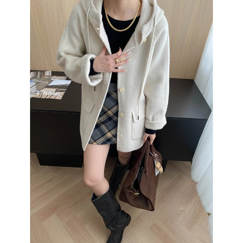 South Compass Gentle Encounter Petite Oversized Hooded Drawstring Silk Wool Reversible Cashmere Coat