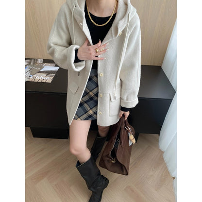 South Compass Gentle Encounter Petite Oversized Hooded Drawstring Silk Wool Reversible Cashmere Coat