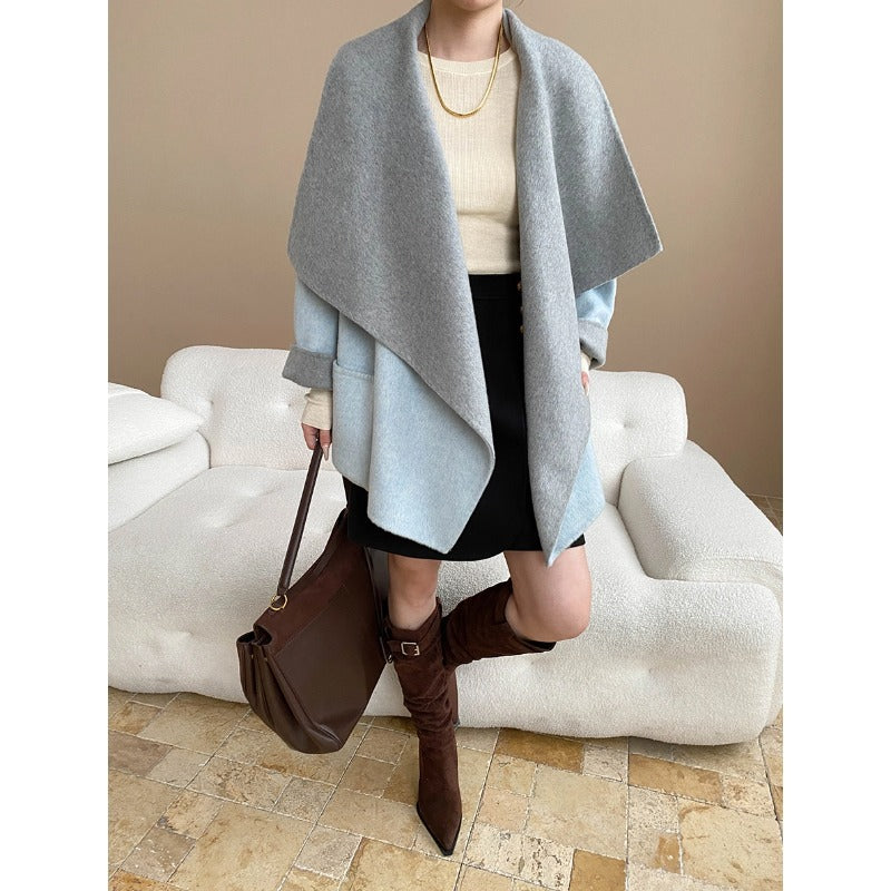 South Compass Luxury Wool Reversible Coat with Large Turn-Down Collar and Robe-Cut Design