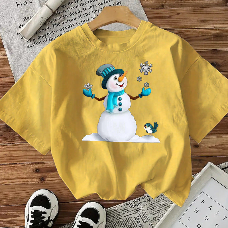 Snowman Cotton Women's Short Sleeve Fashion Style Top American Christmas New Arrival