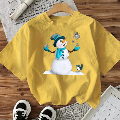 Snowman Cotton Women's Short Sleeve Fashion Style Top American Christmas New Arrival