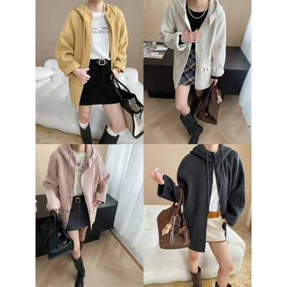 South Compass Gentle Encounter Petite Oversized Hooded Drawstring Silk Wool Reversible Cashmere Coat