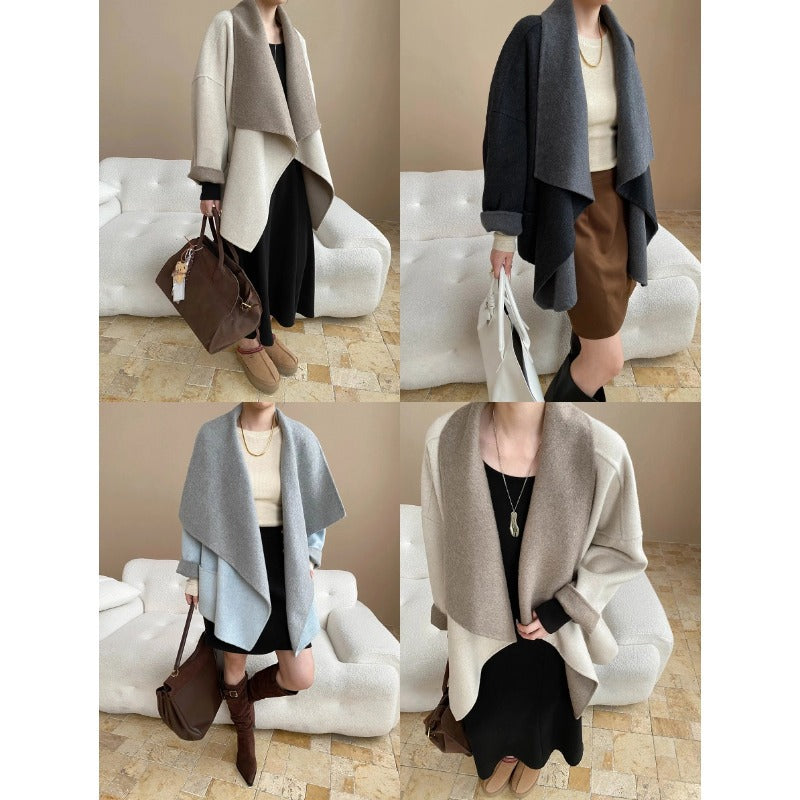 South Compass Luxury Wool Reversible Coat with Large Turn-Down Collar and Robe-Cut Design