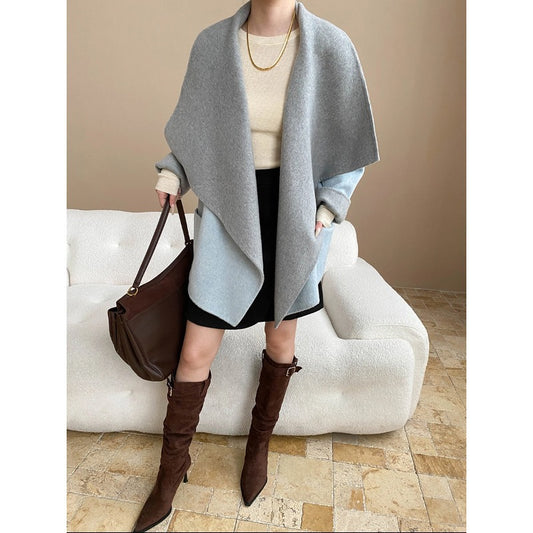 South Compass Luxury Wool Reversible Coat with Large Turn-Down Collar and Robe-Cut Design