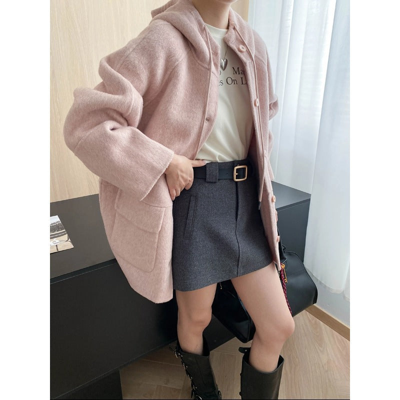 South Compass Gentle Encounter Petite Oversized Hooded Drawstring Silk Wool Reversible Cashmere Coat