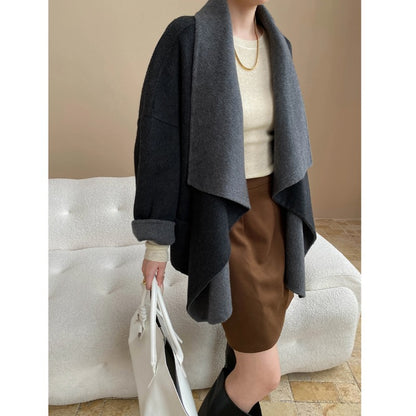 South Compass Luxury Wool Reversible Coat with Large Turn-Down Collar and Robe-Cut Design