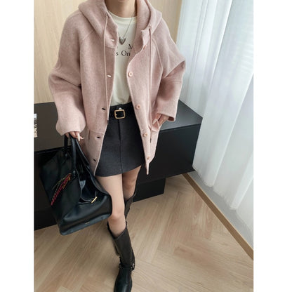 South Compass Gentle Encounter Petite Oversized Hooded Drawstring Silk Wool Reversible Cashmere Coat