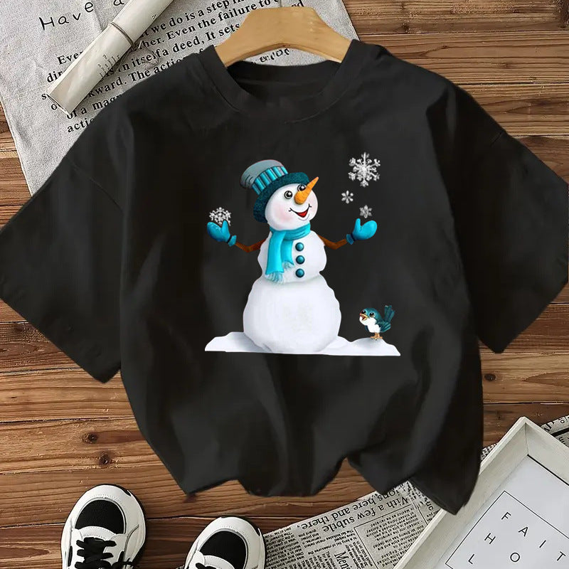 Snowman Cotton Women's Short Sleeve Fashion Style Top American Christmas New Arrival