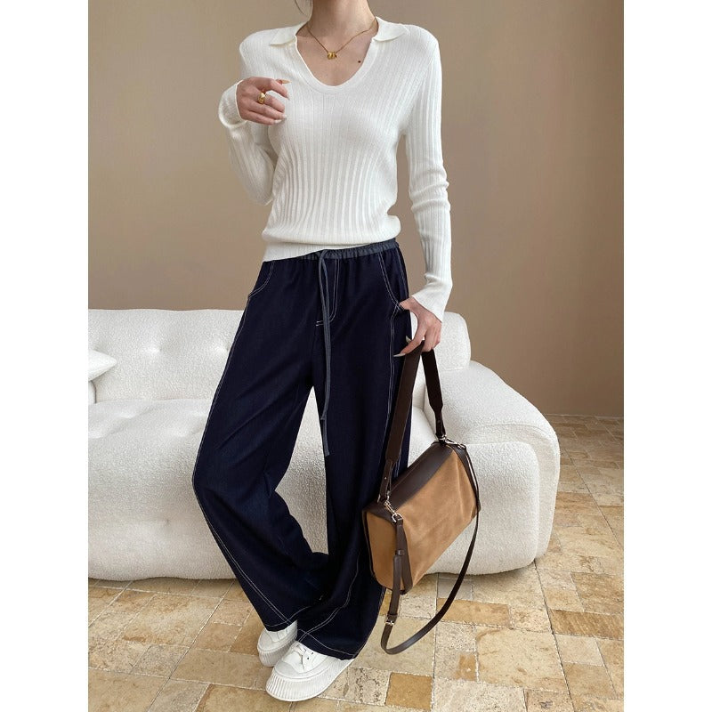 Relaxed Style Linen-Like Denim Stitched Slash Cut Loose Wide Leg Casual Pants