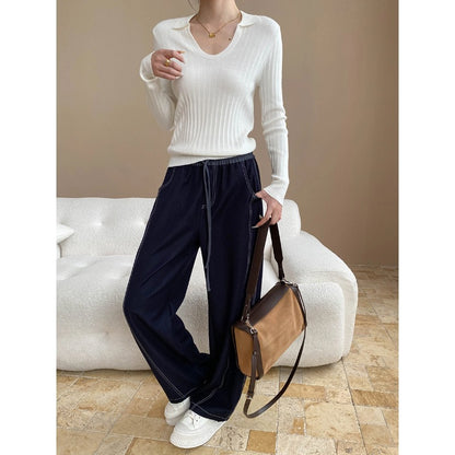 Relaxed Style Linen-Like Denim Stitched Slash Cut Loose Wide Leg Casual Pants