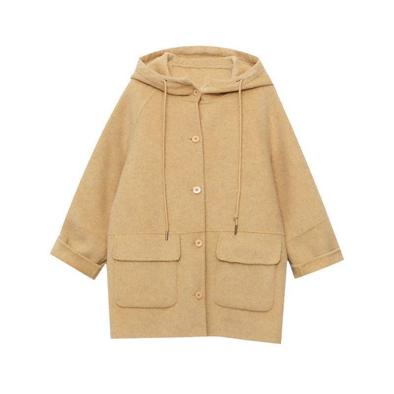 South Compass Gentle Encounter Petite Oversized Hooded Drawstring Silk Wool Reversible Cashmere Coat