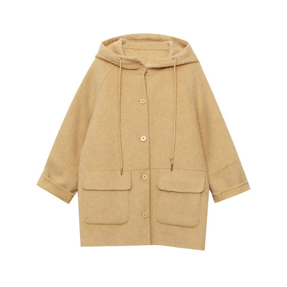 South Compass Gentle Encounter Petite Oversized Hooded Drawstring Silk Wool Reversible Cashmere Coat