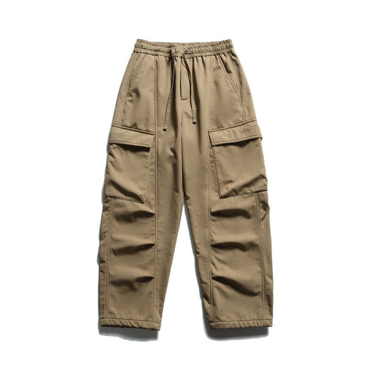 Streetwear Solid Color Fleece-Lined Cargo Pants Men Loose Warm Casual Trousers