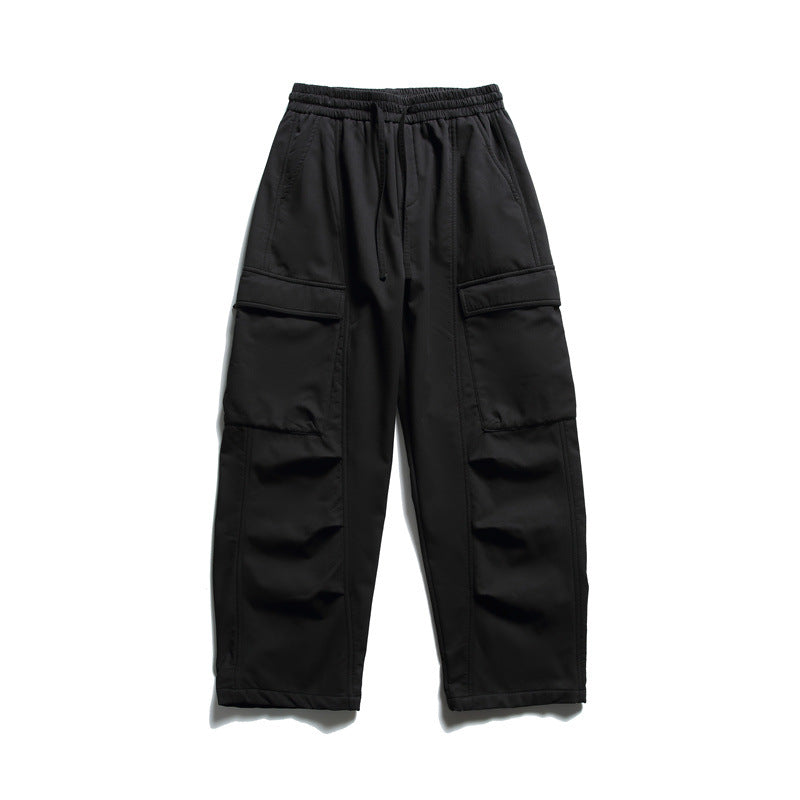 Streetwear Solid Color Fleece-Lined Cargo Pants Men Loose Warm Casual Trousers