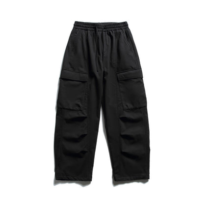 Streetwear Solid Color Fleece-Lined Cargo Pants Men Loose Warm Casual Trousers