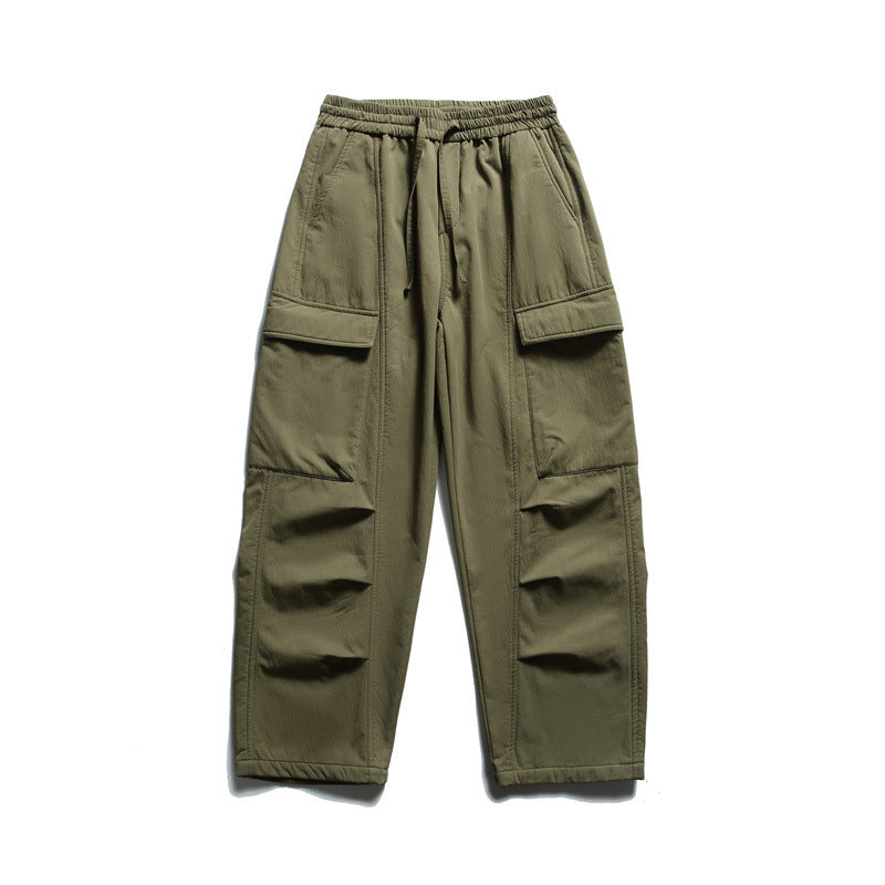 Streetwear Solid Color Fleece-Lined Cargo Pants Men Loose Warm Casual Trousers
