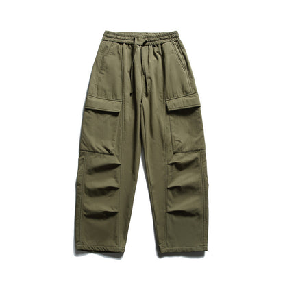 Streetwear Solid Color Fleece-Lined Cargo Pants Men Loose Warm Casual Trousers