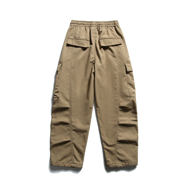 Streetwear Solid Color Fleece-Lined Cargo Pants Men Loose Warm Casual Trousers