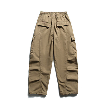 Streetwear Solid Color Fleece-Lined Cargo Pants Men Loose Warm Casual Trousers